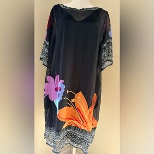 Soft Surroundings Dress Navy Blue with Hawaiian Flowers with Pockets Large